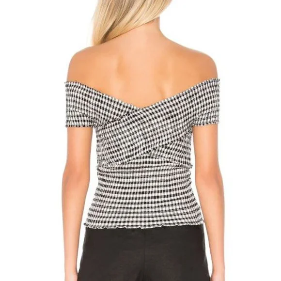 Cupcakes Cashmere Bowman Top Off-The-Shoulder Smocked Gingham Wrap Bardot Blouse - Picture 2 of 9